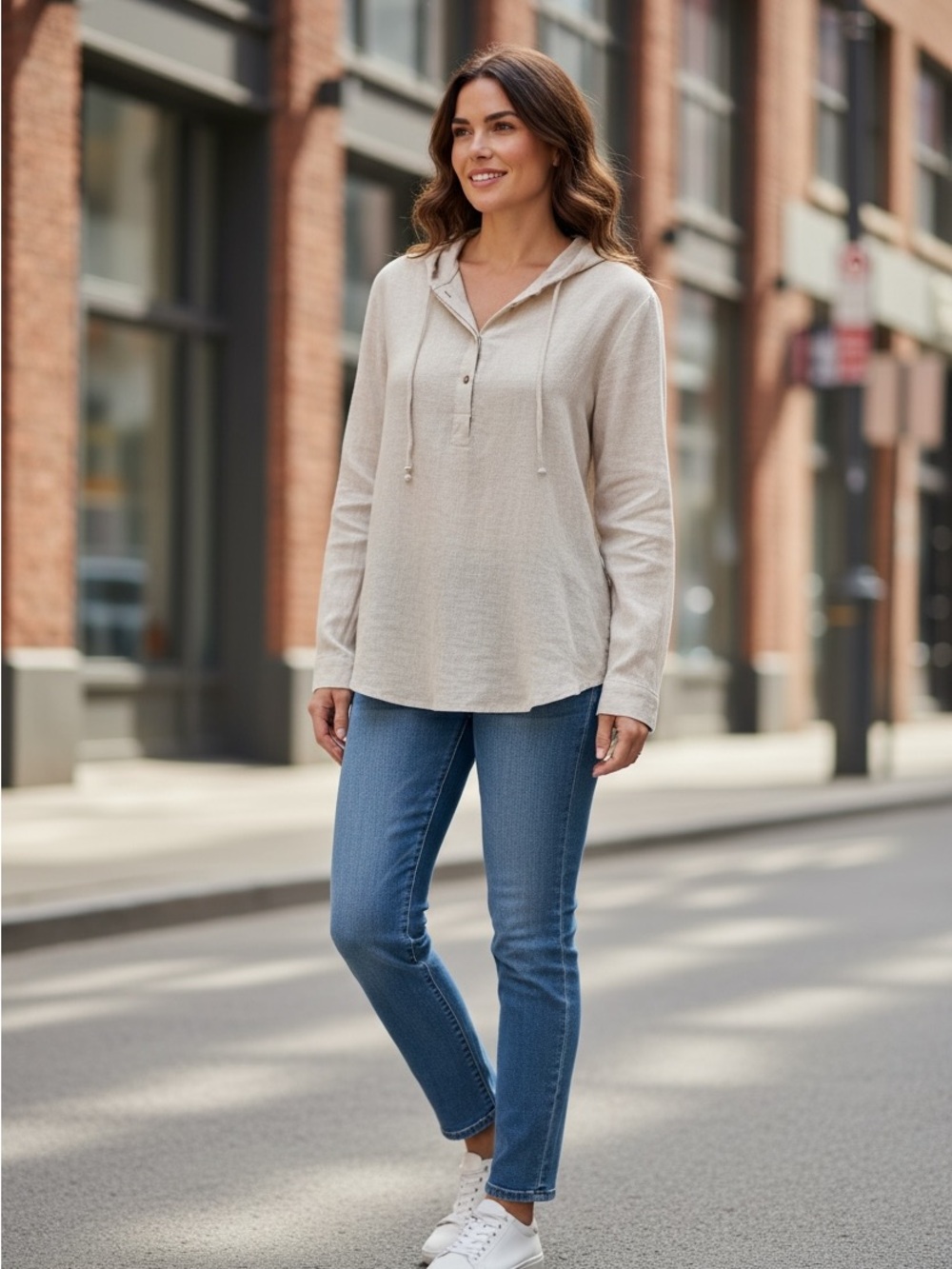 SAX FIFTH AVENUE TAN LINEN BLEND HOODED ROLL SLEEVE TUNIC SIZE MEC